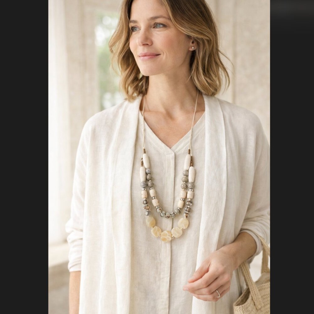J. Jill Double Strand Beaded Necklace Neutral Glass Ceramic Adjustable Boho NWT